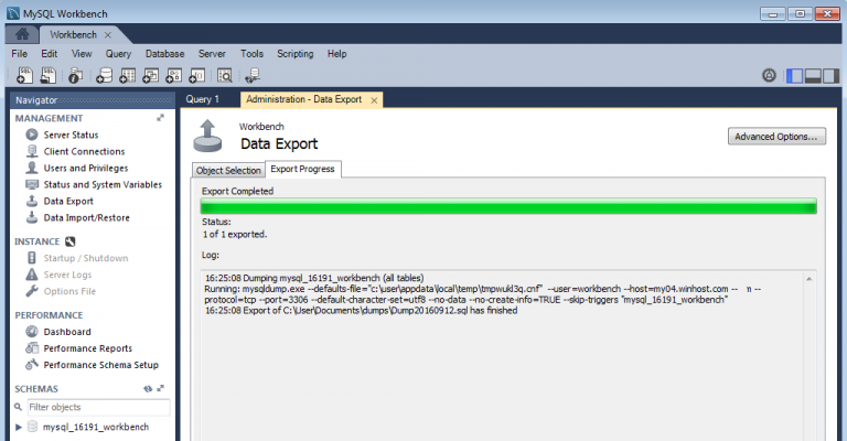 export database mysql workbench
